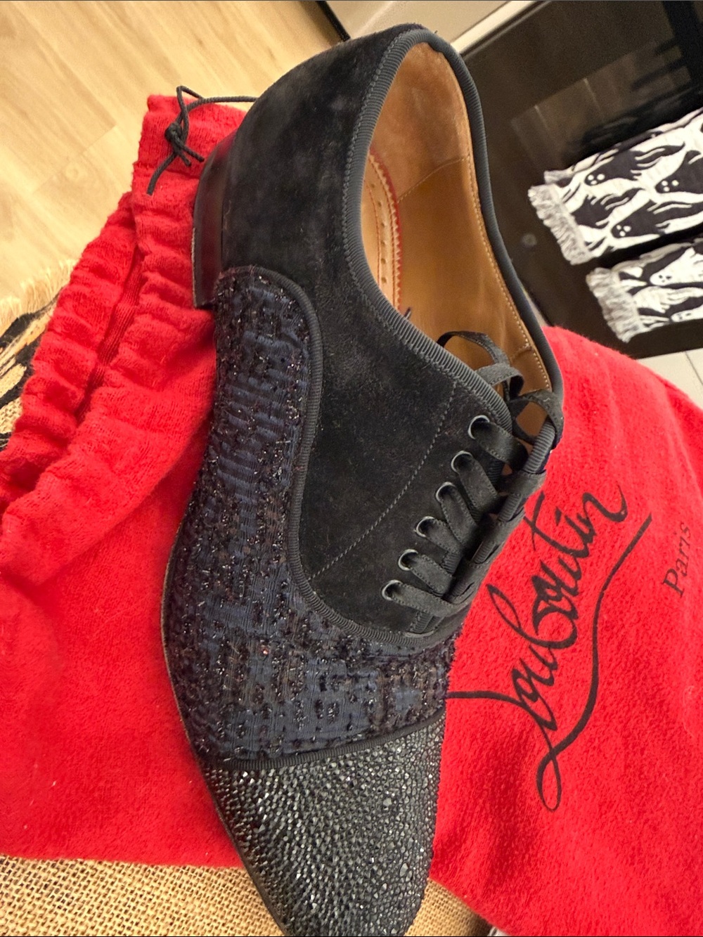 Christian Louboutin Men's Black Textured Crystal Toe Oxfords